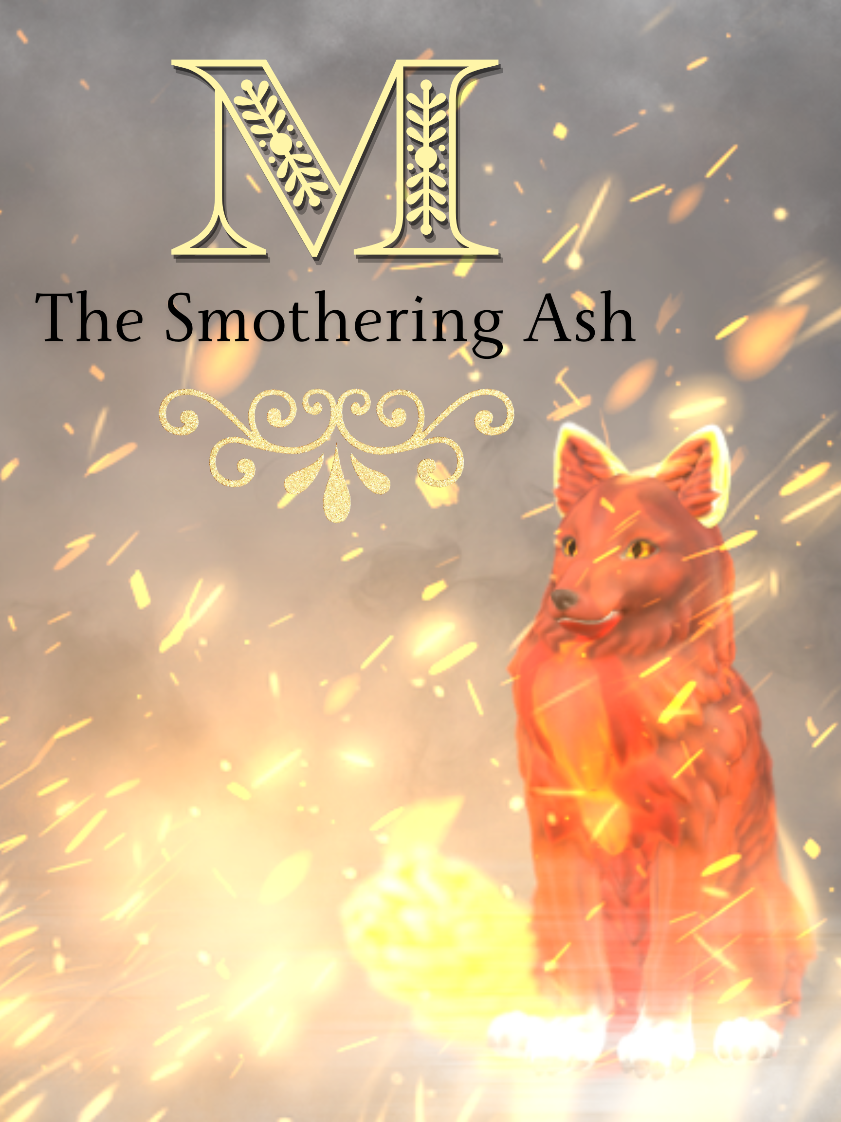A firey red coyote with sparks flying around it. A fancy gold M (for Misty) with text 