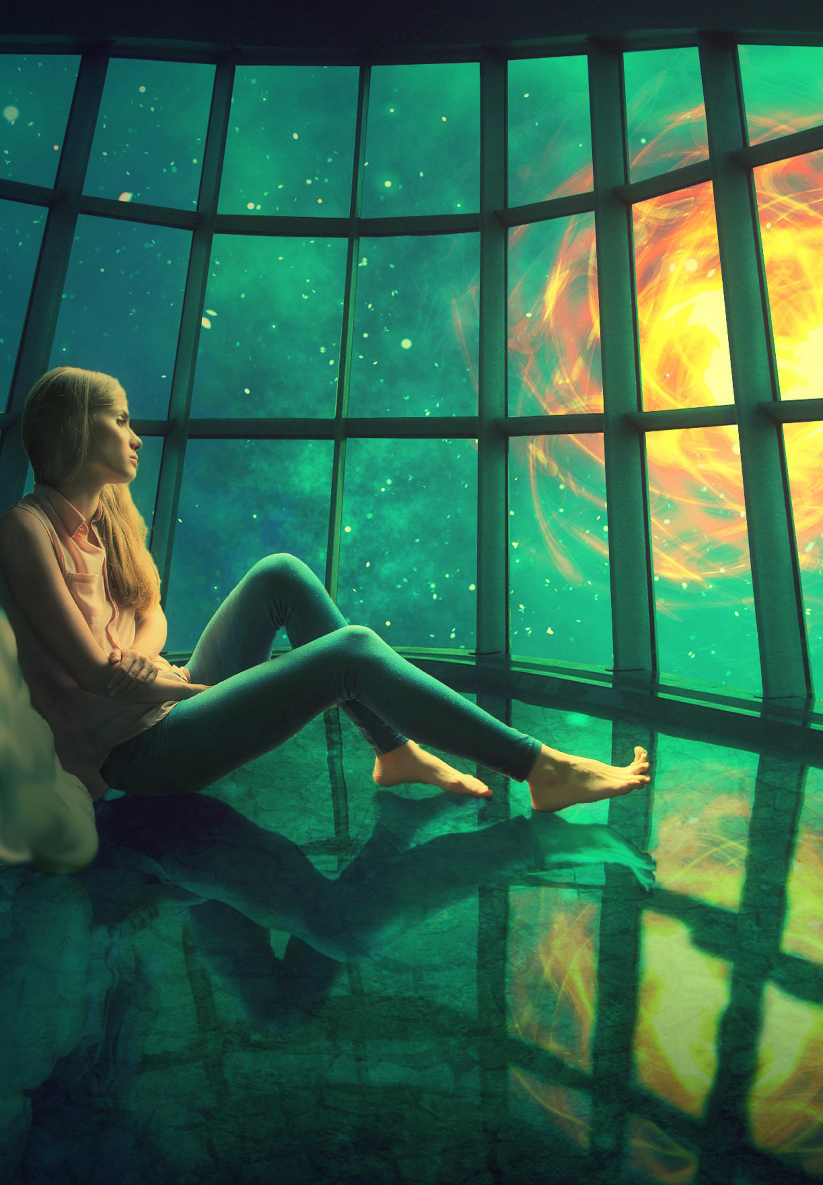 star window.jpg A young blond woman, gazing out a picture window at a starscape and a bright glowing galaxy