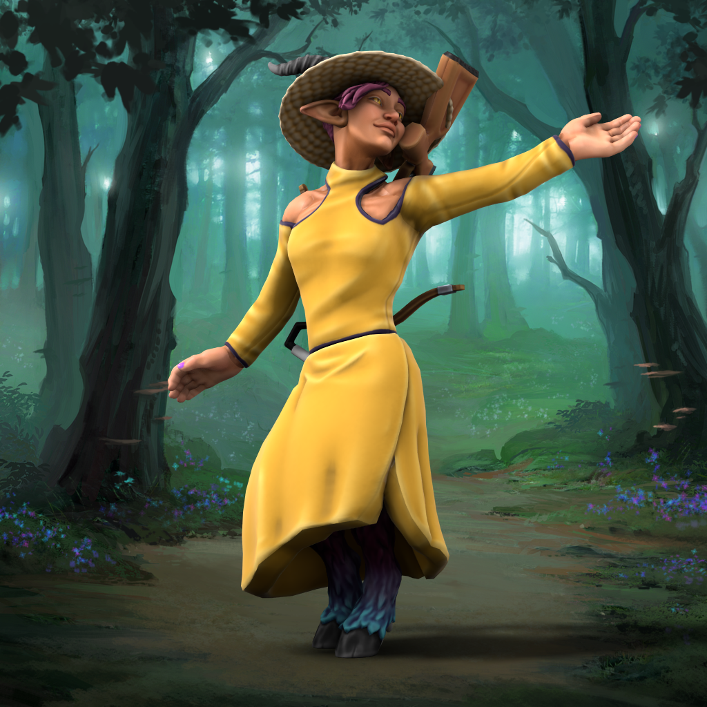 A person with goat hooves and horns in a yellow dress and straw hat, dancing in a fairy glade