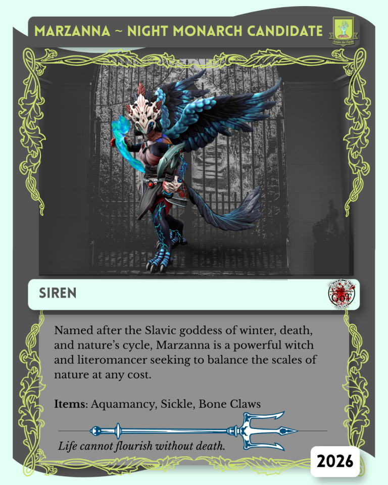 Image of Marzanna. Text: Named after the Slavic goddess of winter, death, and nature's cycle. Marzanna is a powerful witch and literomancer seeking to balance the scales of nature at any cost. 