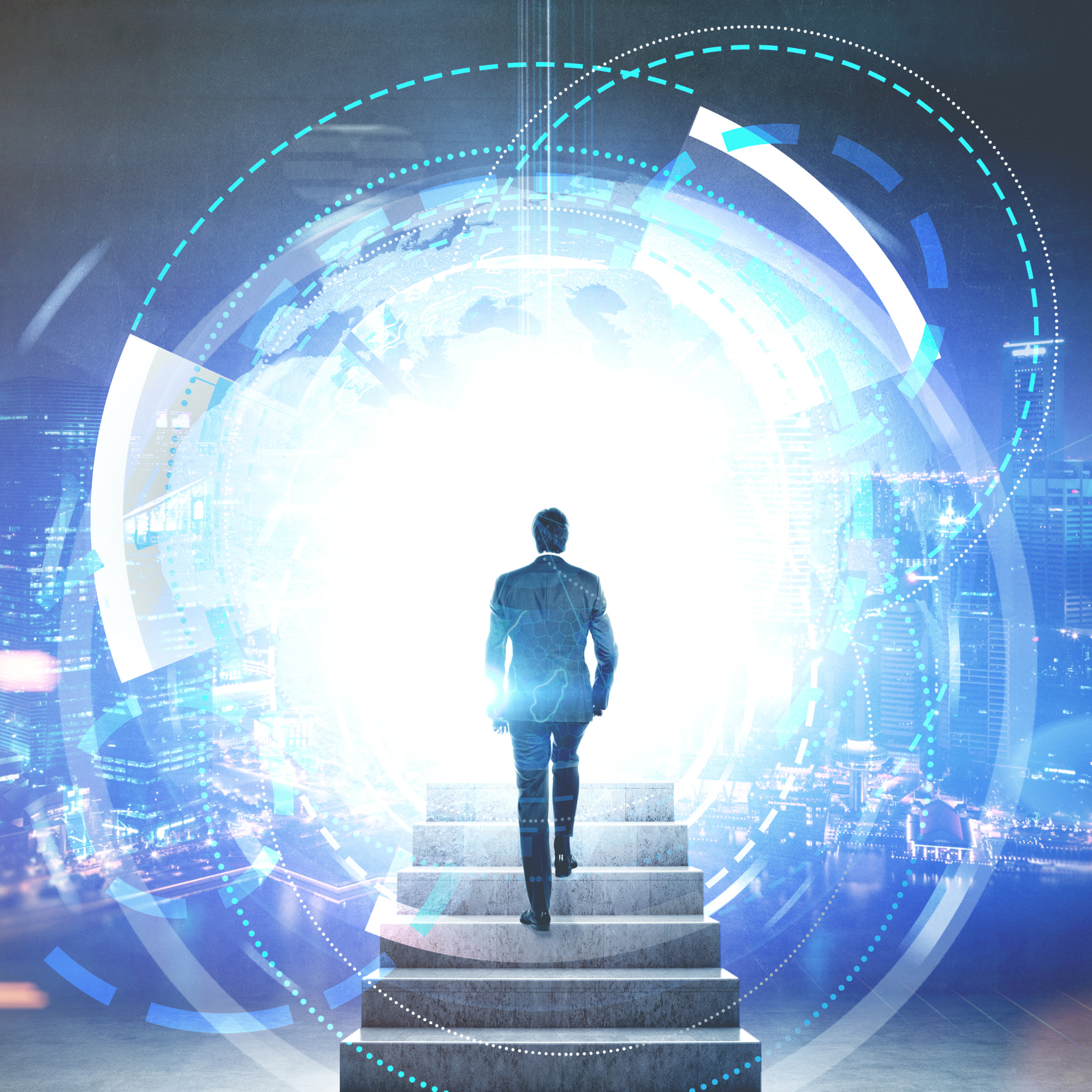Transcontinental Portal crossing.png A man in a business suit heading up a staircase into a sci-fi portal in an urban setting at night