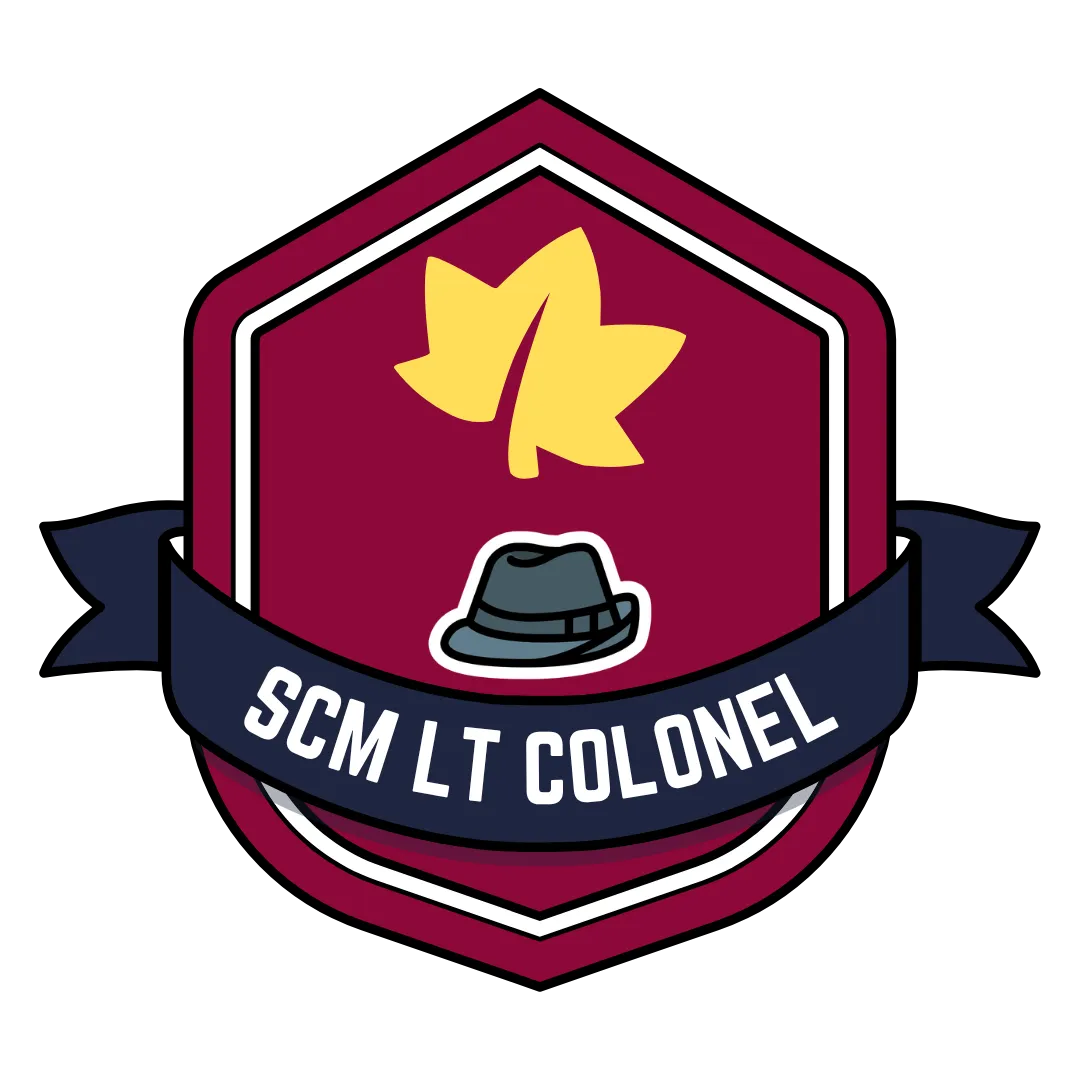 Red badge with fedora, gold star, gold leaf, and blue ribbon that says SCM Lt. Colonel.
