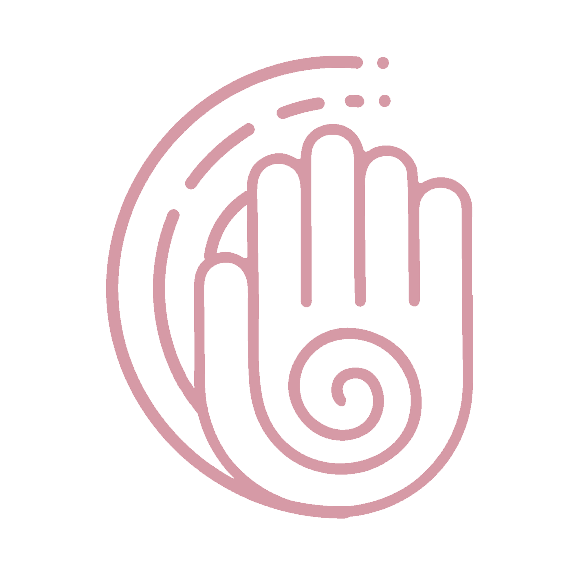A pink runic symbol of a hand with a spiral of energy at the palm that is radiating outward into the world in a clockwise direction