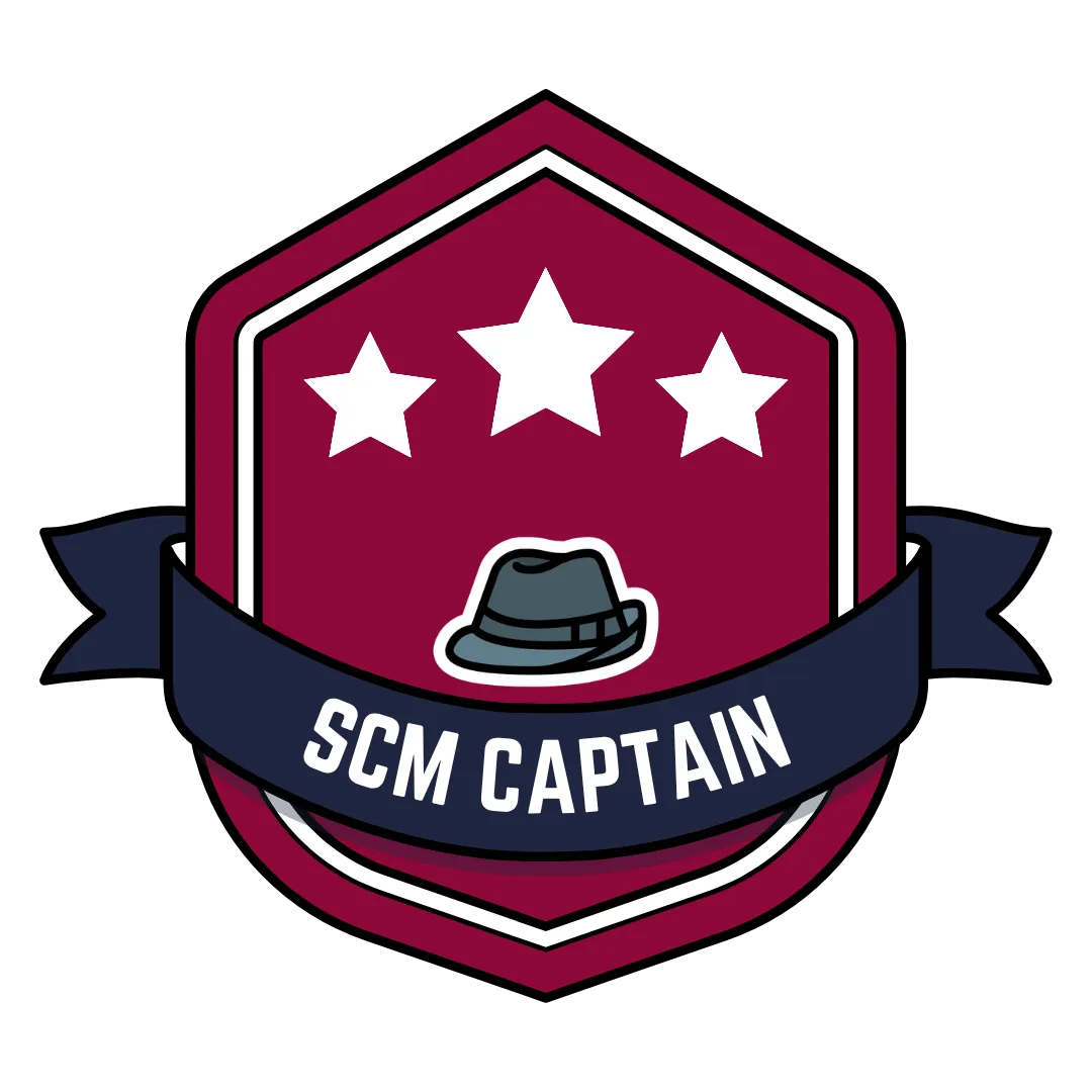 Red badge with fedora, gold star, 3 white stars, and blue ribbon that says SCM Captain.