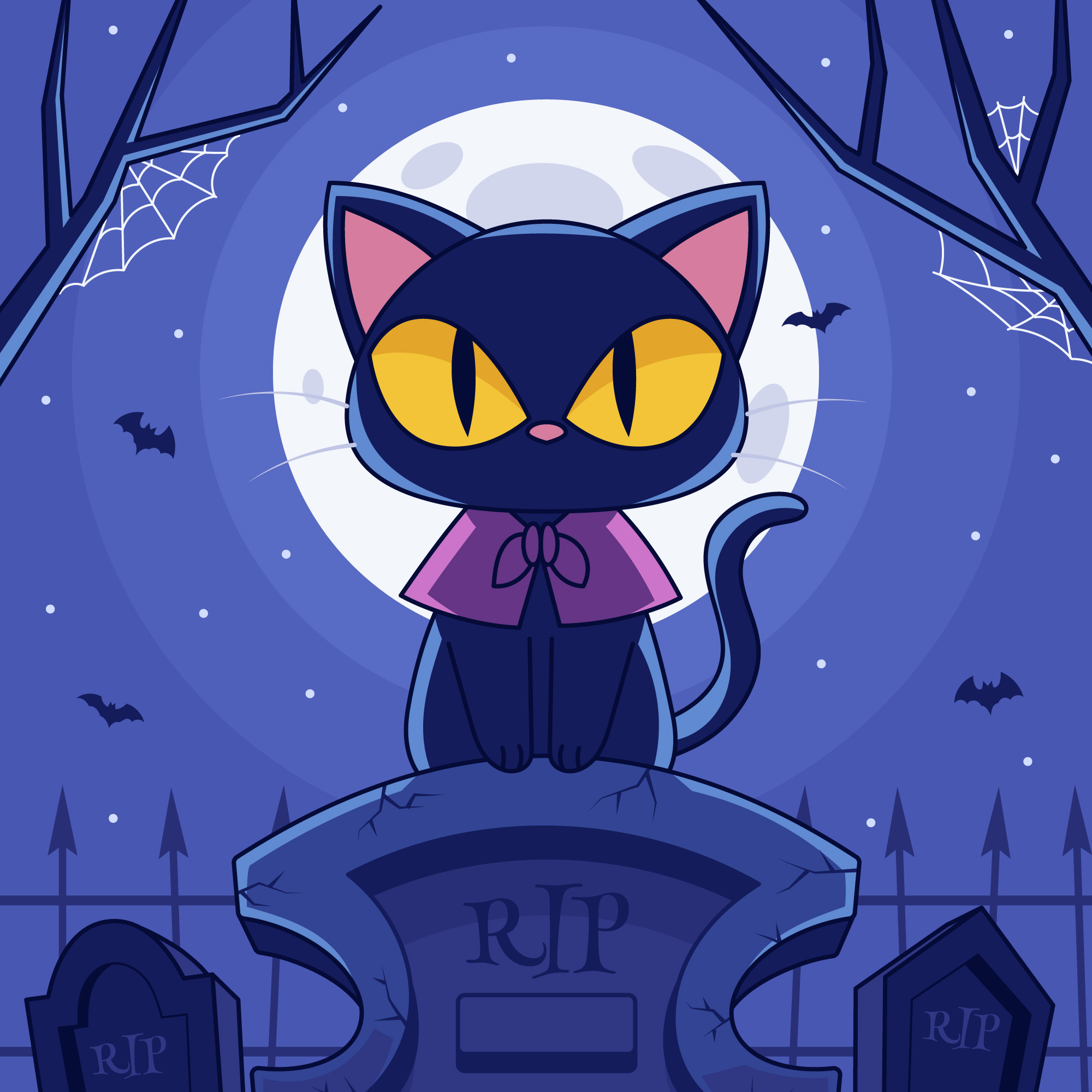 Cat on Gravestone with Moon