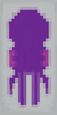 A Minecraft banner featuring a purple squid with magenta eyes on a white background