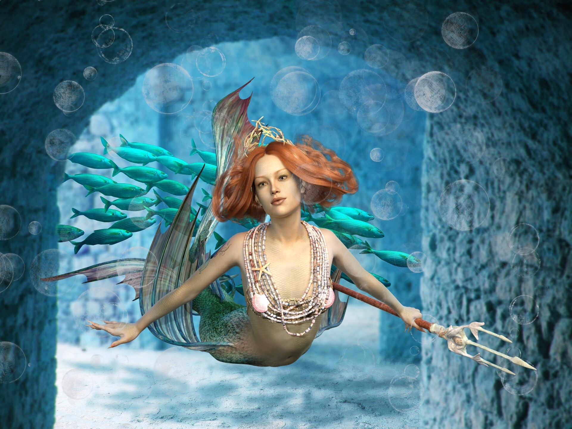 A red-haired mermaid leading a school of fish through an underwater cavern, a bone trident in hand