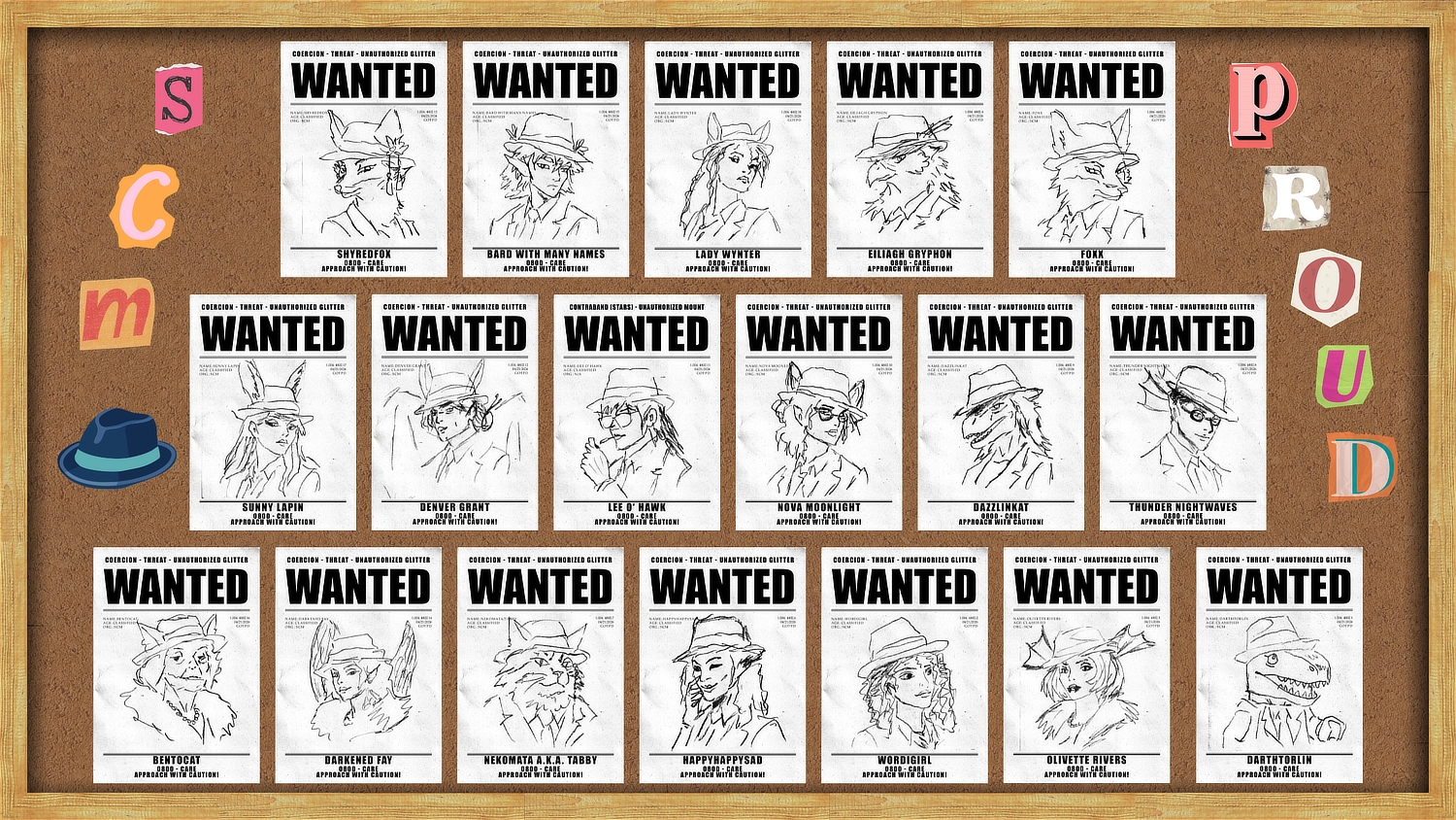 all the SCM wanted posters by Bard put on a corkboard