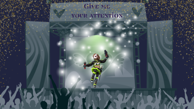 Bard giving a concert. Text for tour banner: Give Me Your Attention