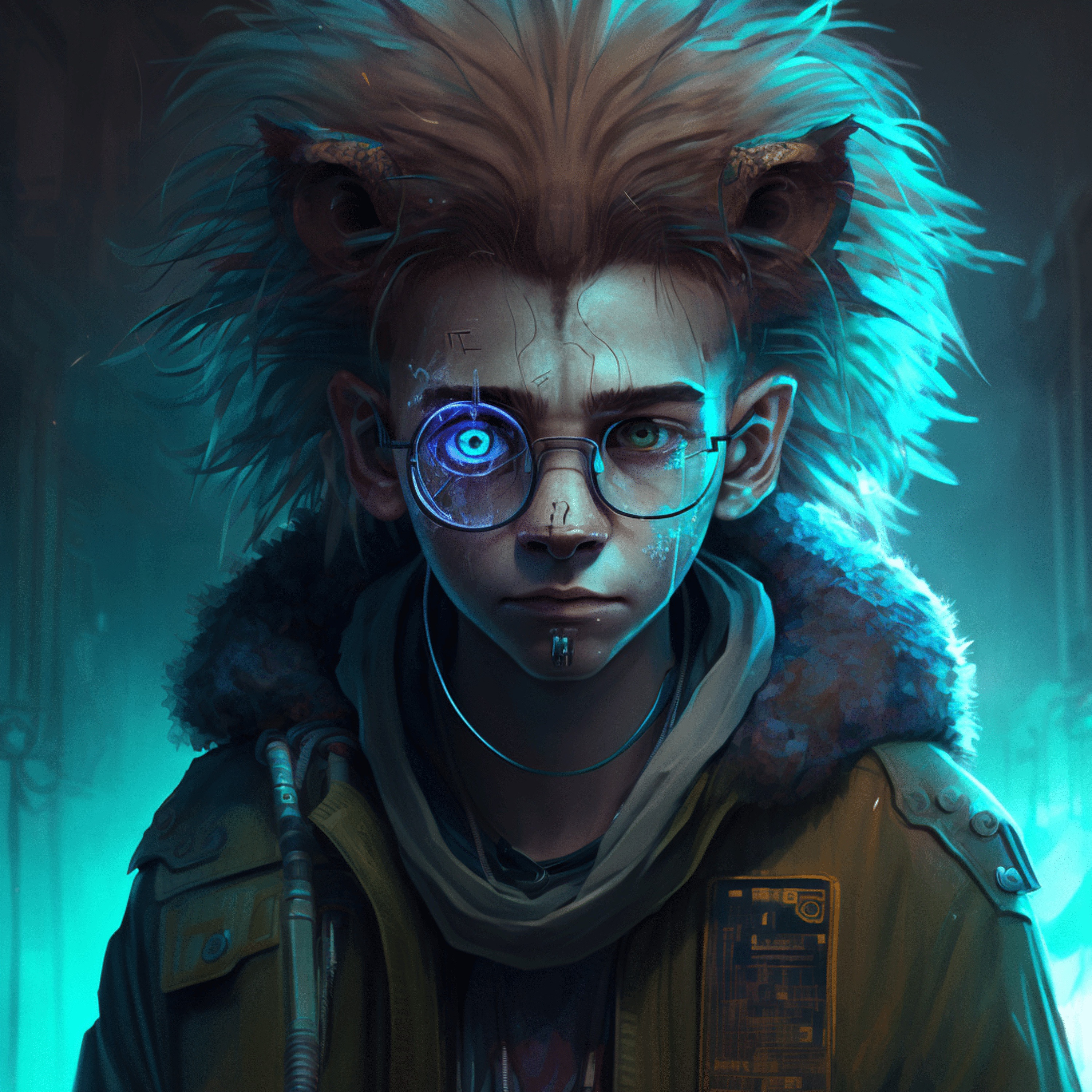 A young man with fox ears and cybernetic components in a tech jacket