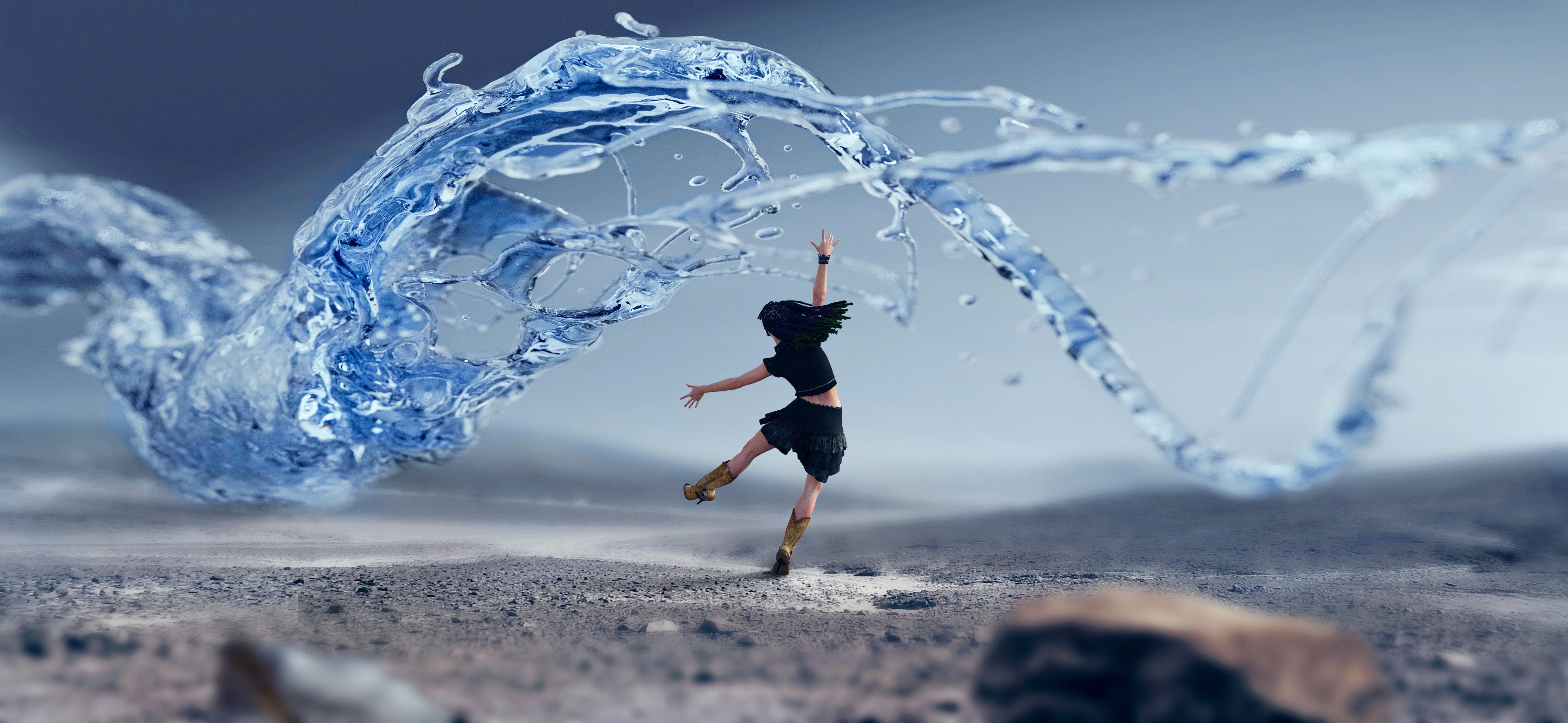 A girl dancing on a beach in boots and shorts, conjuring and shaping a stream of water above her
