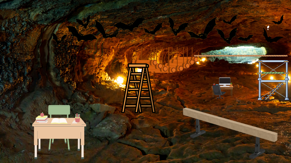 Coffee Creamer Round Two Test Groups C and D.png A cave with writing desks, a balance beam, ropes course, and bats.