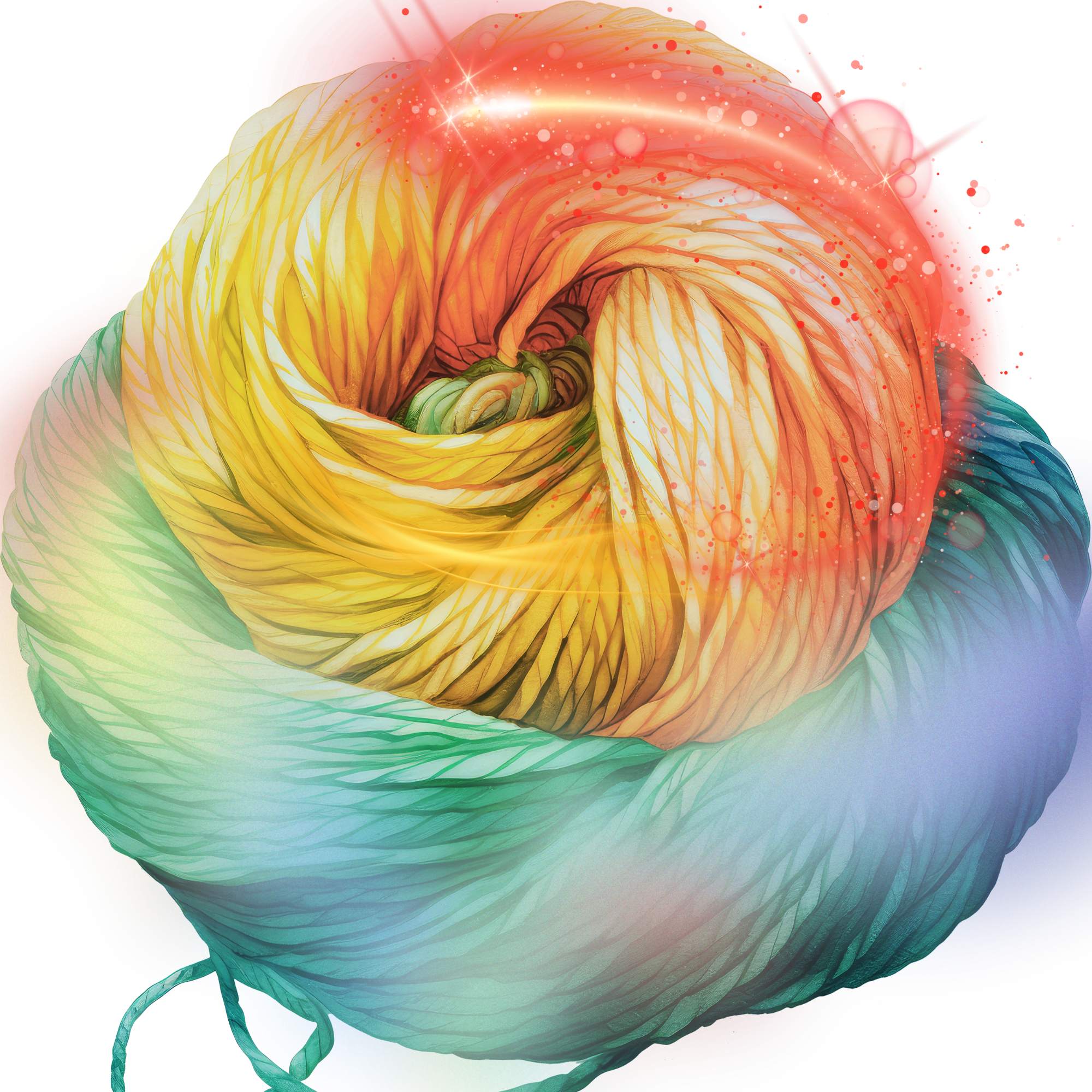 A colourful ball of yarn, glowing with multicoloured magical energy