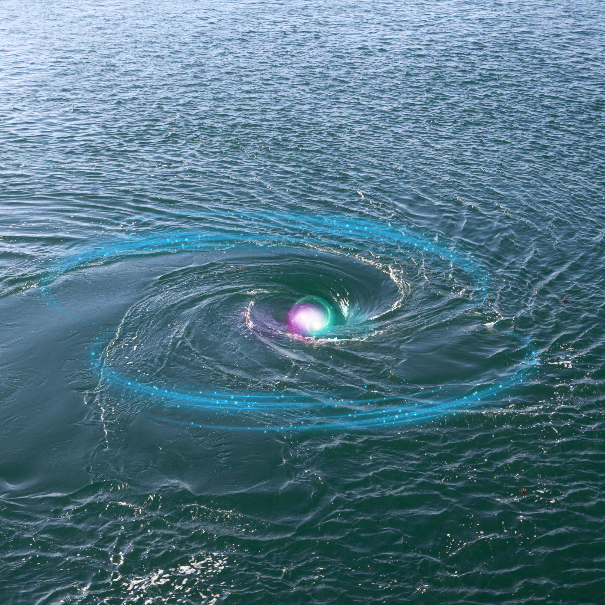 A whirlpool with a glowing white, pink and green spiral at the center, surrounded by blue misty energy
