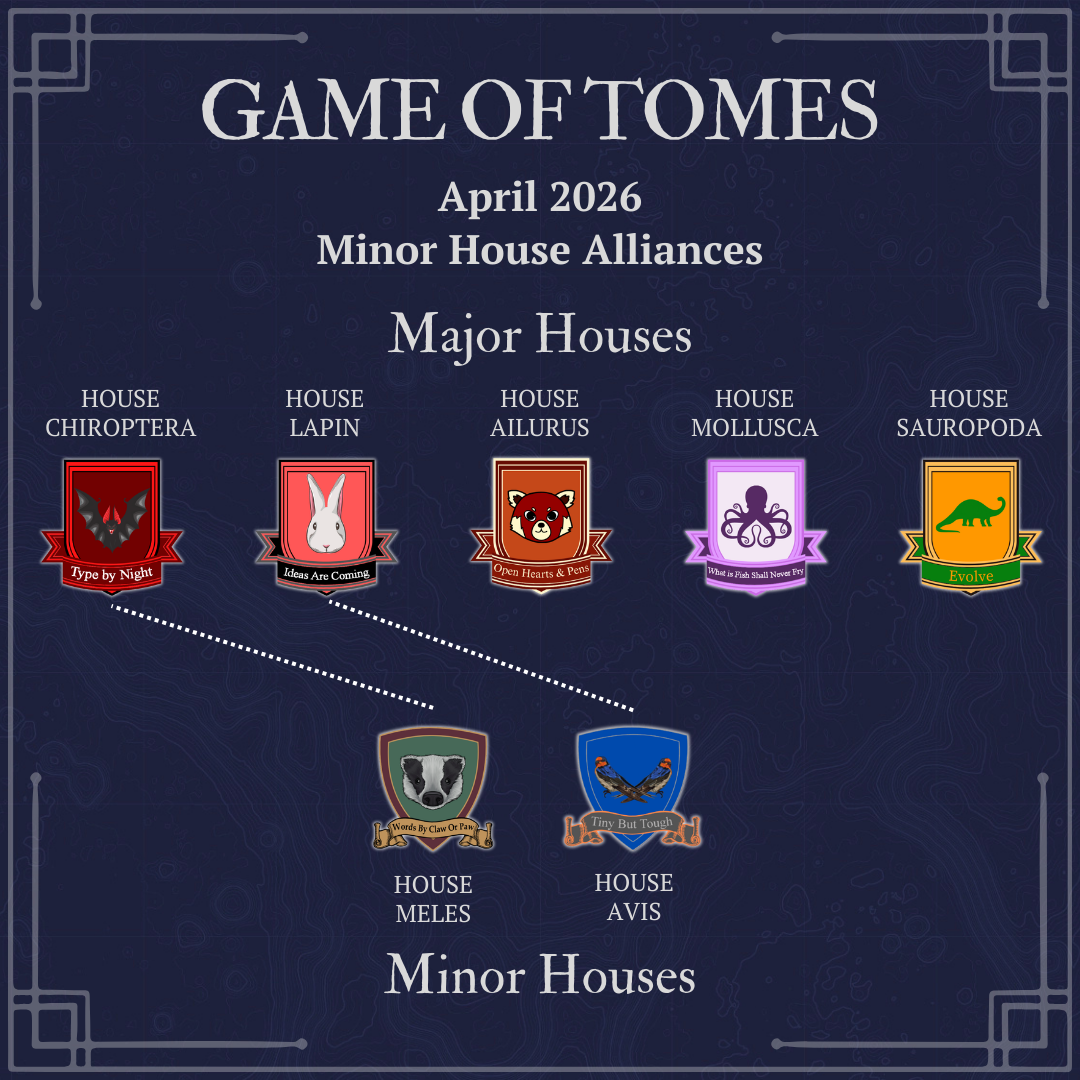 Houses Alliances April 2026 A graphic with each of the house crests, and a line between House Chiroptera and House Meles, and a line between House Lapin and House Avis.