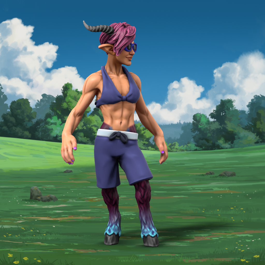 A person with goat hooves and horns in a navy swimsuit and trunks, with navy swim goggles, in a forest glade
