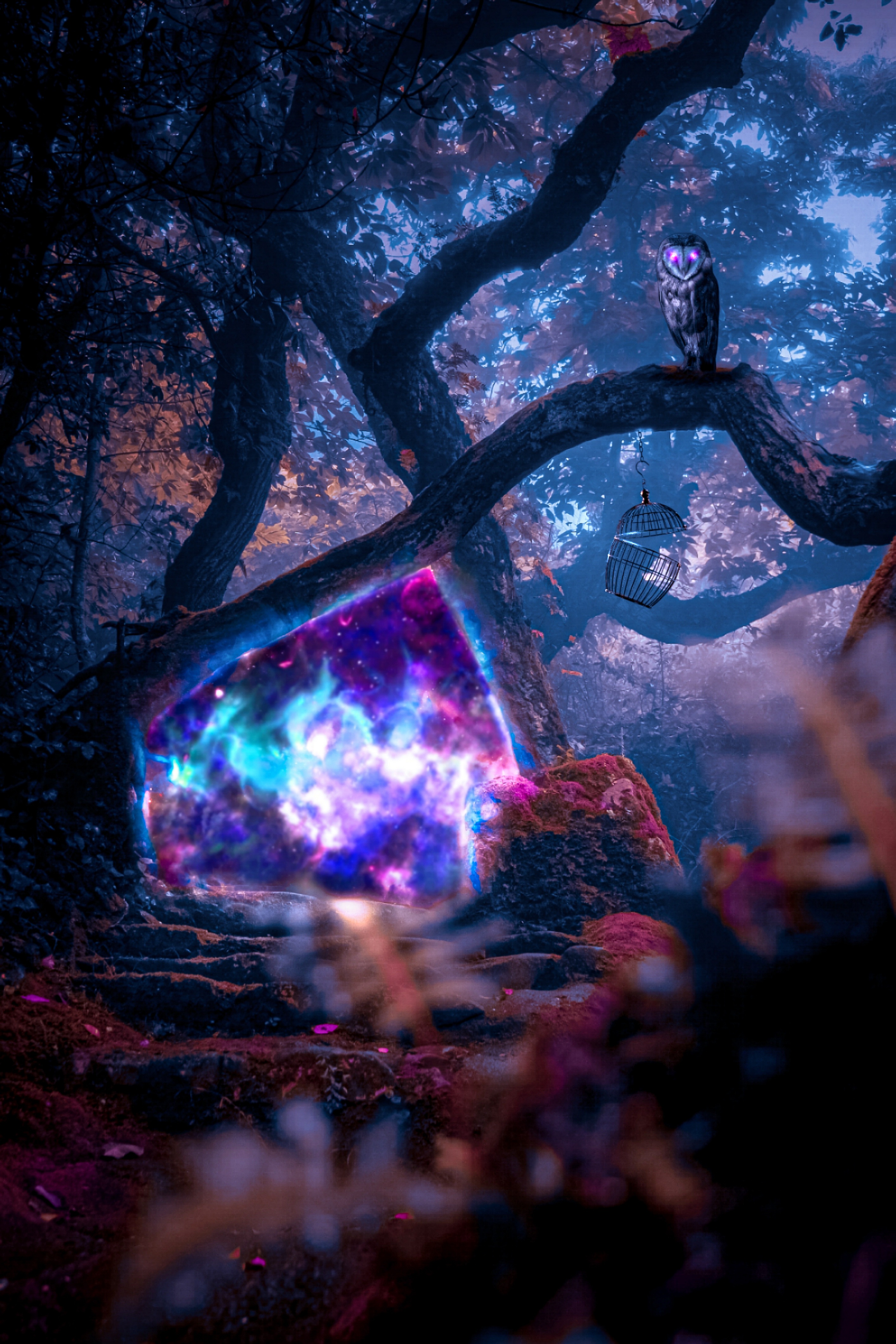 A mysterious tree in a dark forest at sunset, with the cosmos in its roots. A birdcage hangs from a nearby branch, with an owl with pink glowing eyes resting nearby