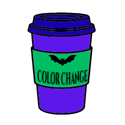 Blue, purple, and green cup with black bat and writing saying 