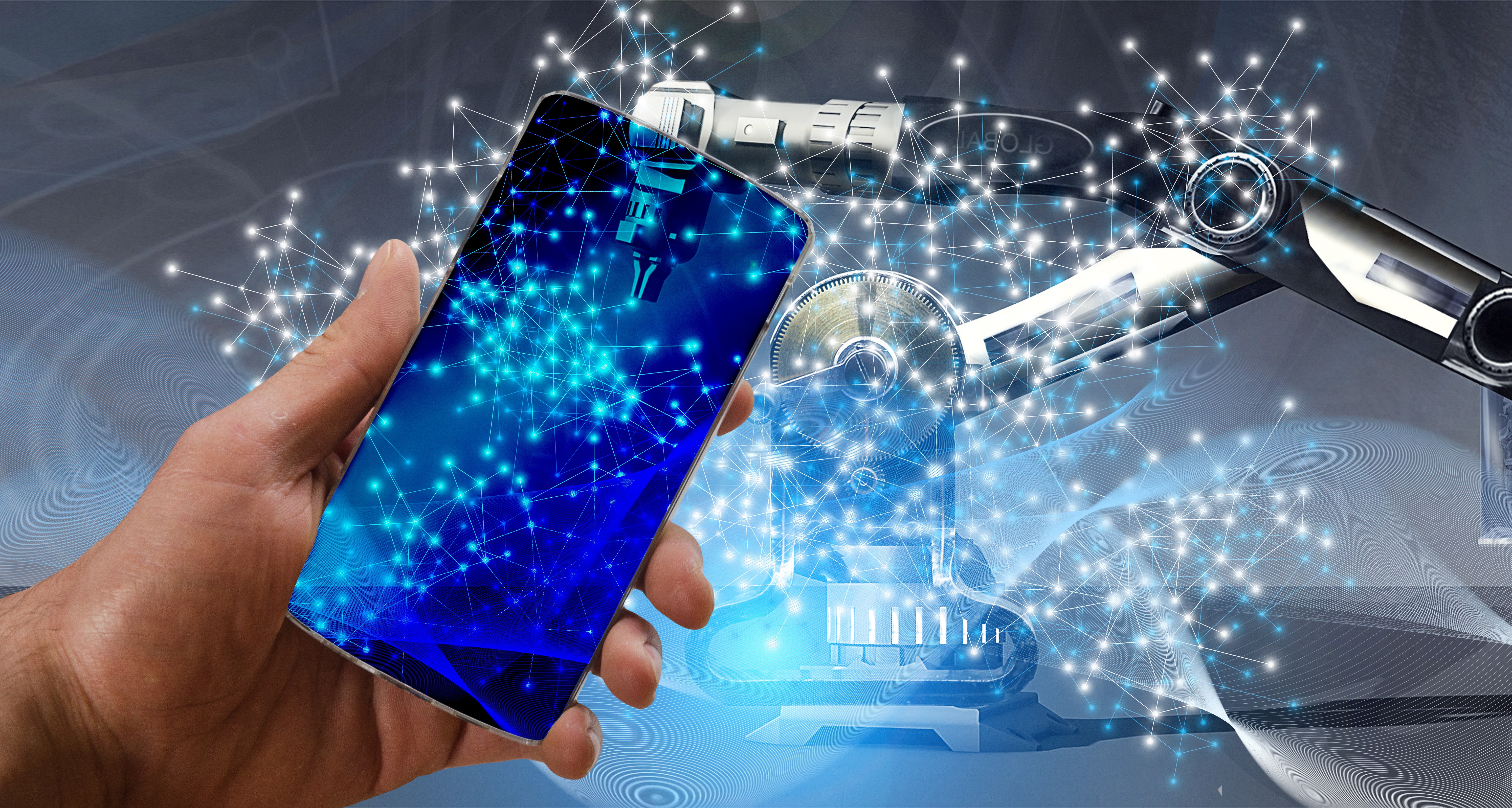 A smartphone radiating magical tech imagery, with a robotic arm in the background