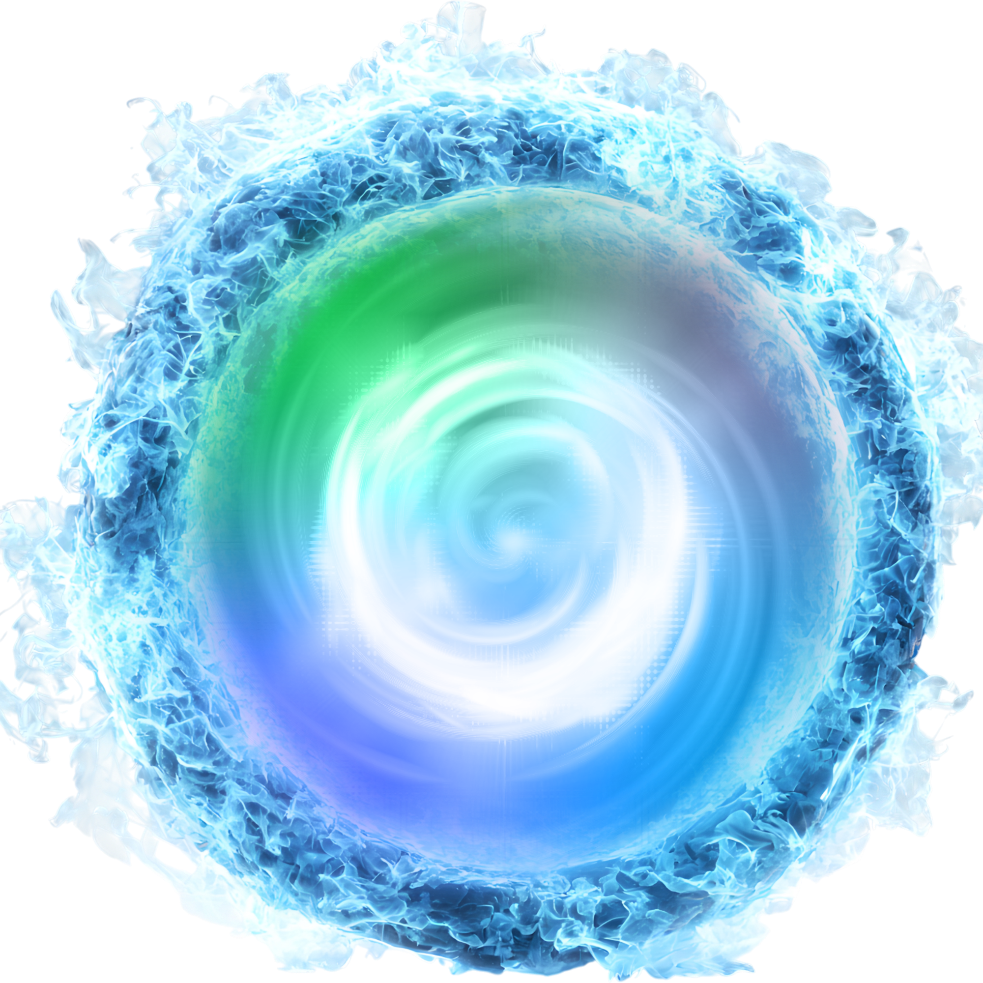 A swirling watery vortex with a glowing white, green, blue, and purple cosmic spiral at the center