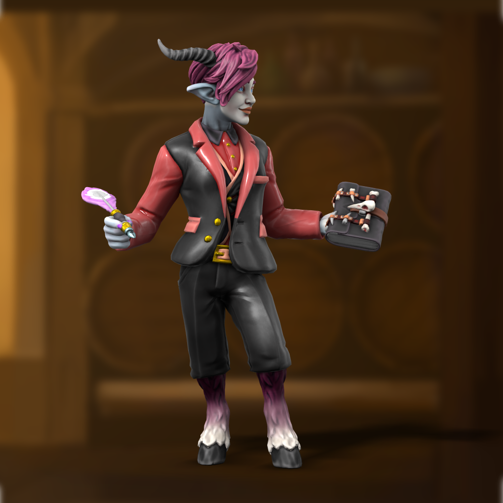 Kitsune Gumi Morgan The Many-Portrait.png A grey-skinned satyr with a quill and black leather book featuring a corvid skull
