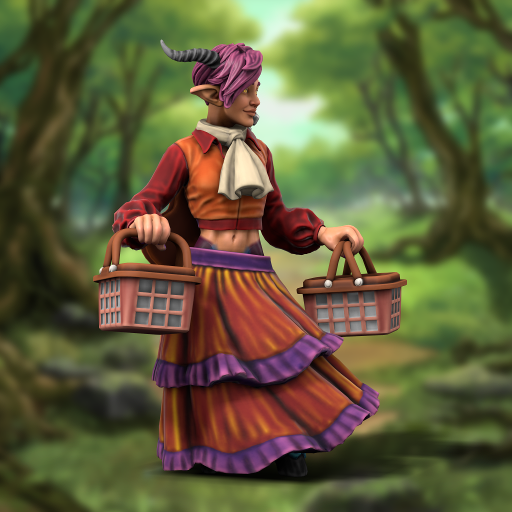 A woman with goat horns and large ears in a purple and orange ruffled dress, with a cravat, in a forest glade, carrying picnic baskets