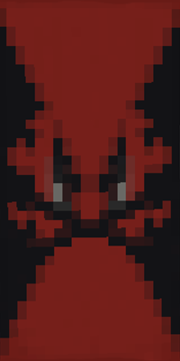 A Minecraft banner with a head-on view of a black bat with light grey eyes on a red background