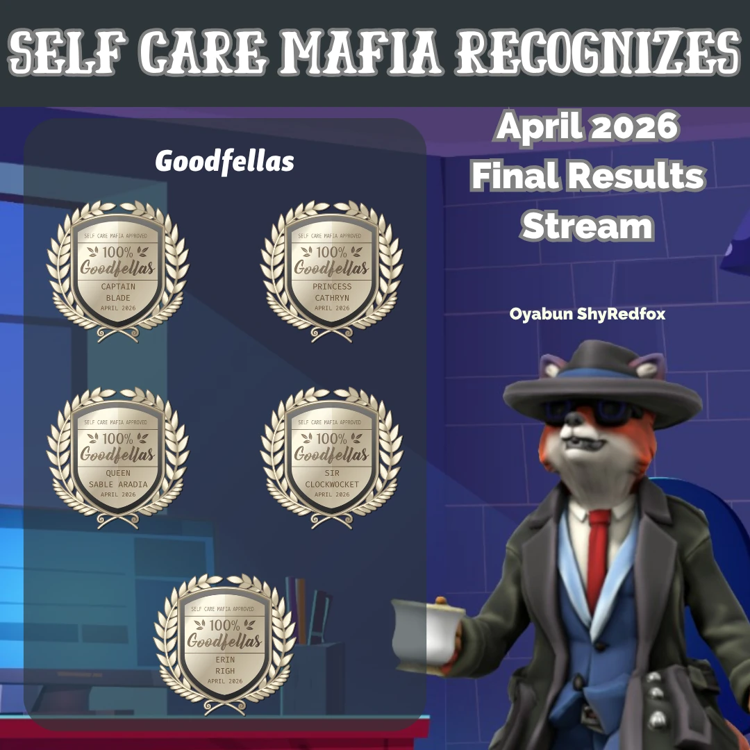 Silver Badges with '100% Goodfellas (NAME) April 2026' on them. The names are Captin Blade, Princess Cathryn, Queen Sable Aradia, Sir Clockwocket, Erin Righ.
