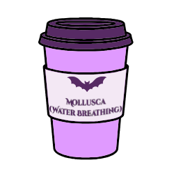 Coffee cup in shades of purple with a purple bat and writing saying 