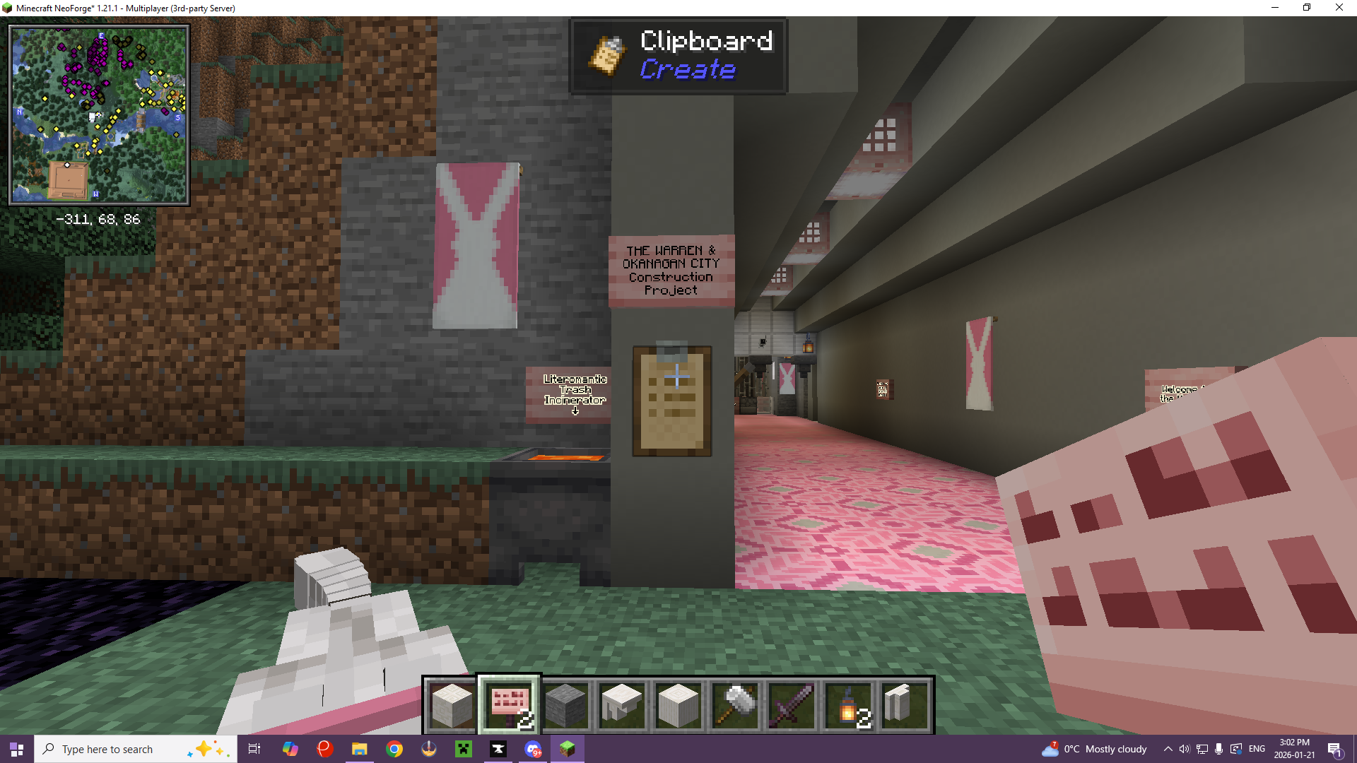 A Minecraft screenshot showing a sign and clipboard at the front entrance of a structure. Sign text: THE WARREN & OKANAGAN CITY Construction Project