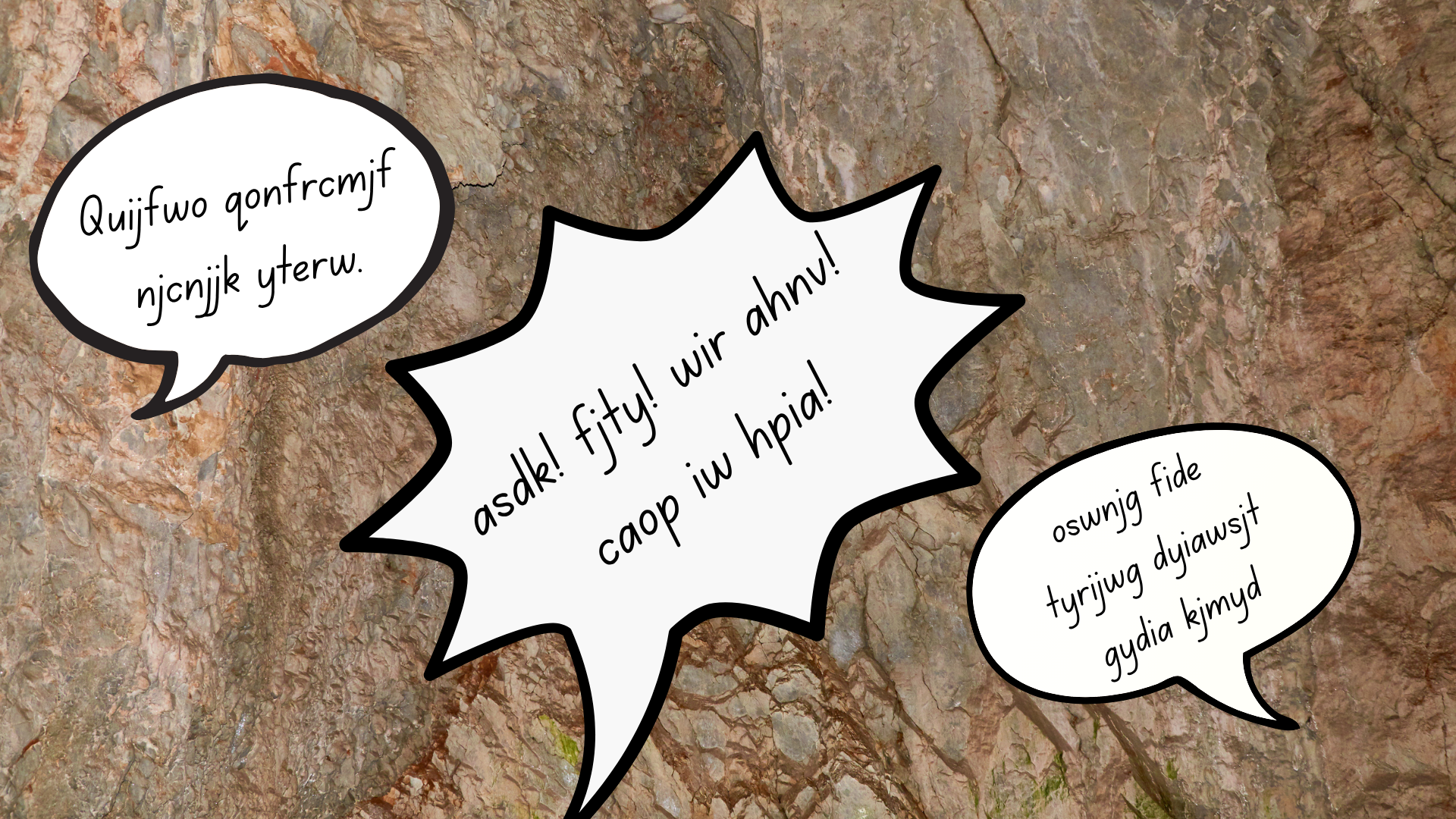 Coffee Creamer Afternoon Round Three Group C Speach bubbles with gibberish in front of a cave wall.