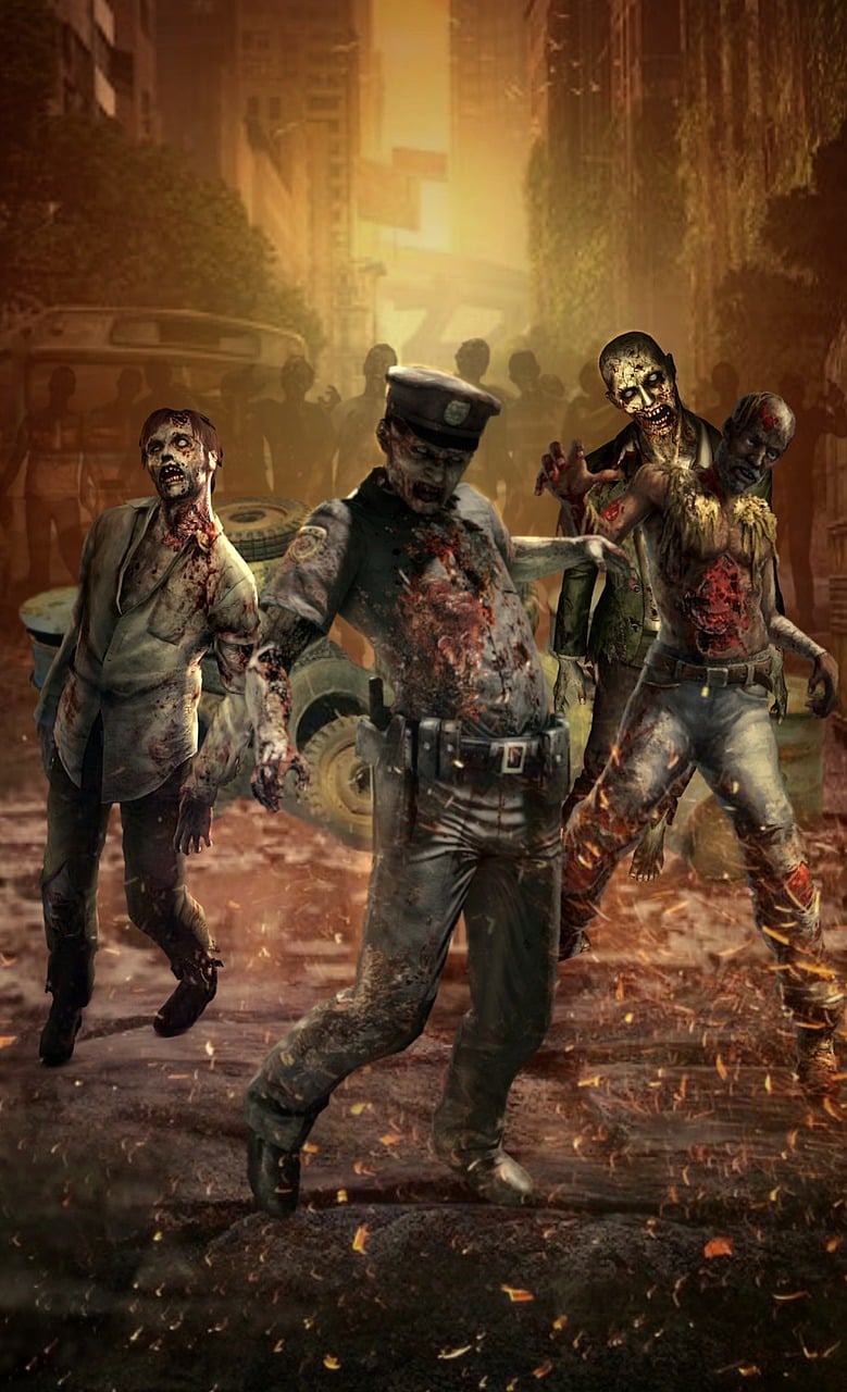 Zombies, including a zombie police officer, moving through a destroyed urban street