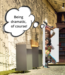 A screenshot of several fae and humans, and a racoon, hiding behind a corner. Thought bubble text: 