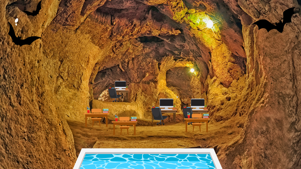 Coffee Creamer Round Two Test Group A.png A cave with the edge of a pool at the front and writing desks in the back. Bats fly at the ceiling.