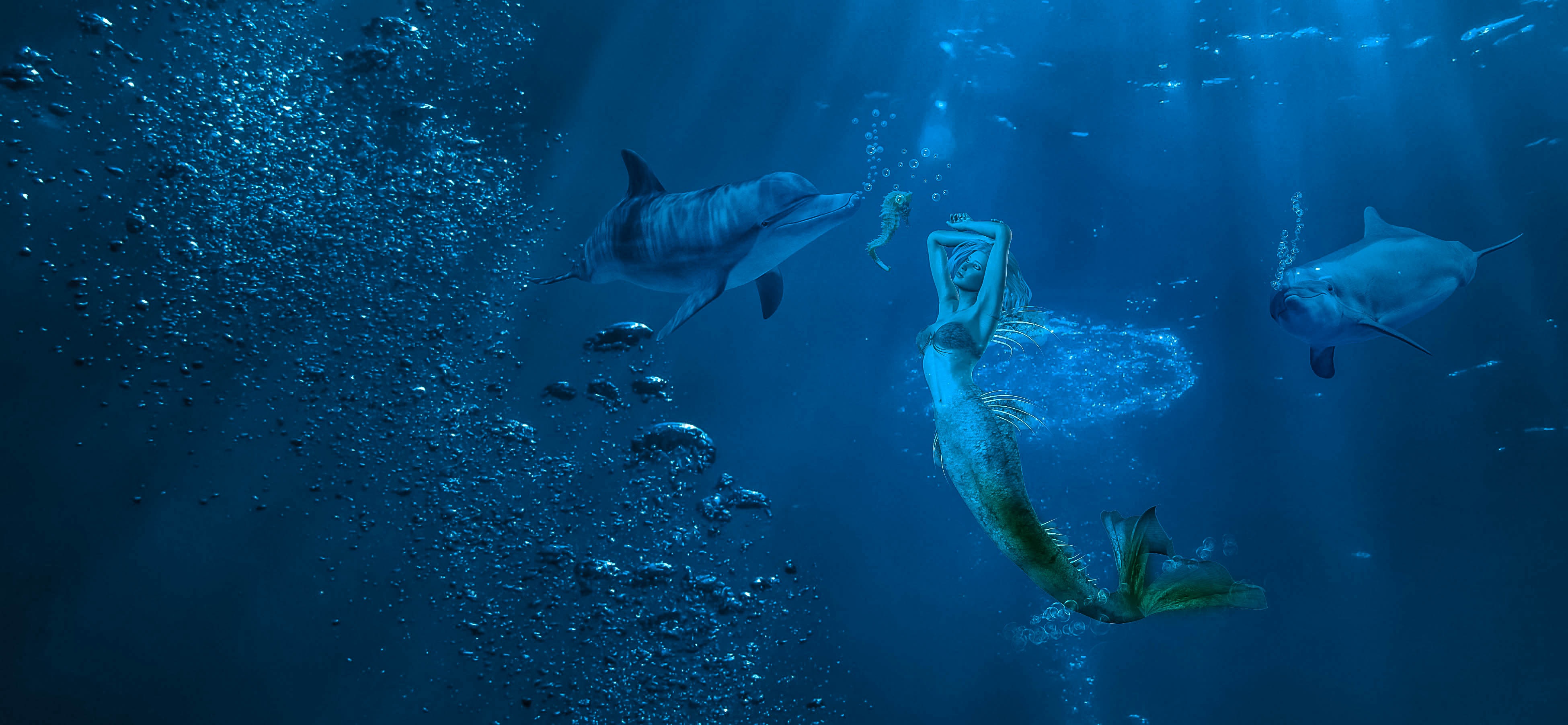 A mermaid swimming underwater, with her arms folded above her head, looking up at a dolphin and a seahorse, with another dolphin approaching from behind