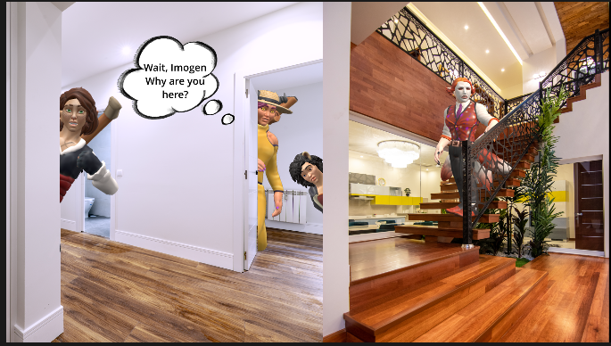 Screenshot of a split screen. On the left, three people peeking around corners. Thought bubble text: 