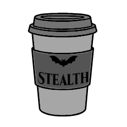 Grey coffee cup with black writing and bat saying 