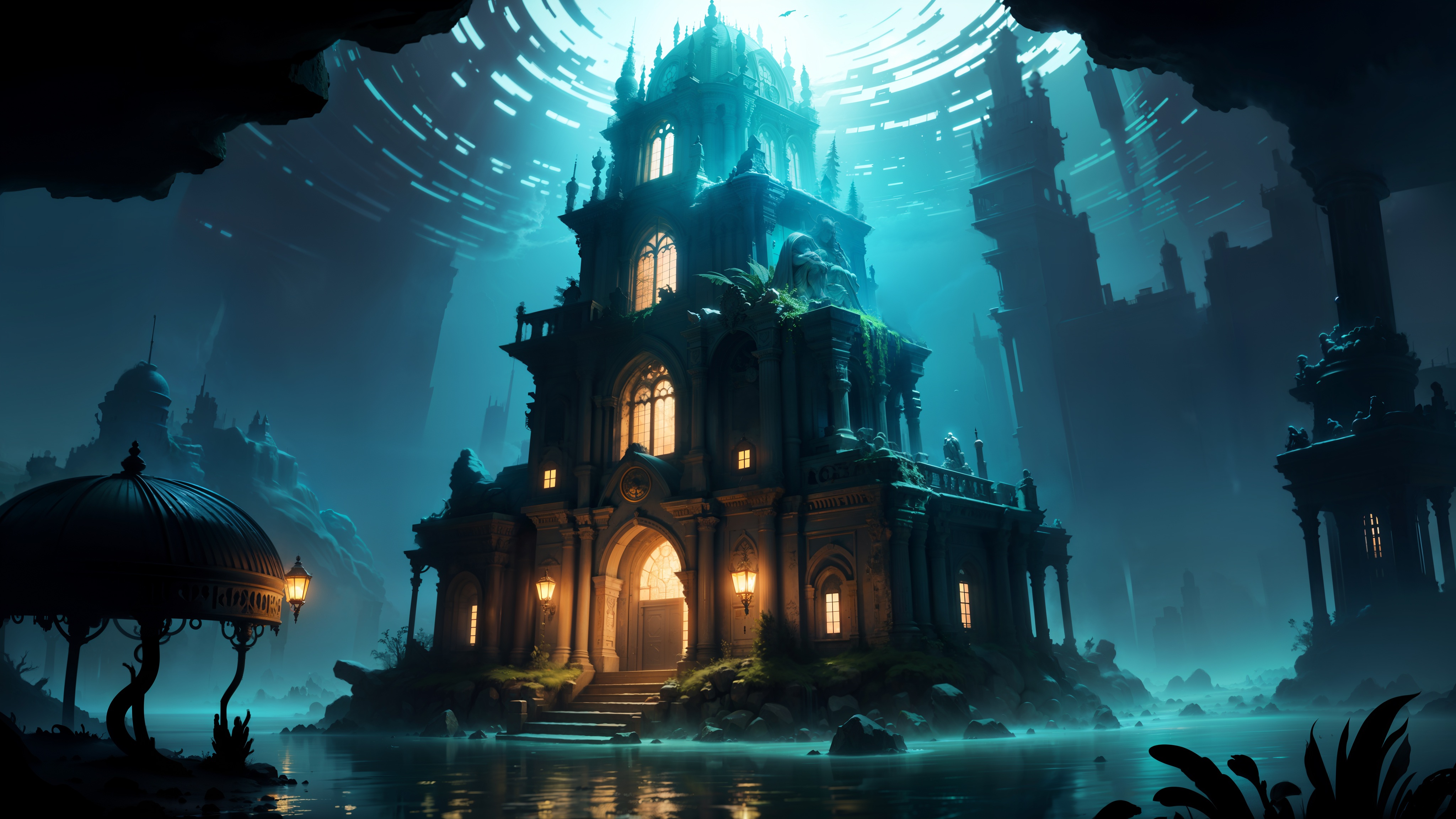 A fantastical multi-storied building, surrounded by other buildings and a gazebo with a capola, under the surface of the water