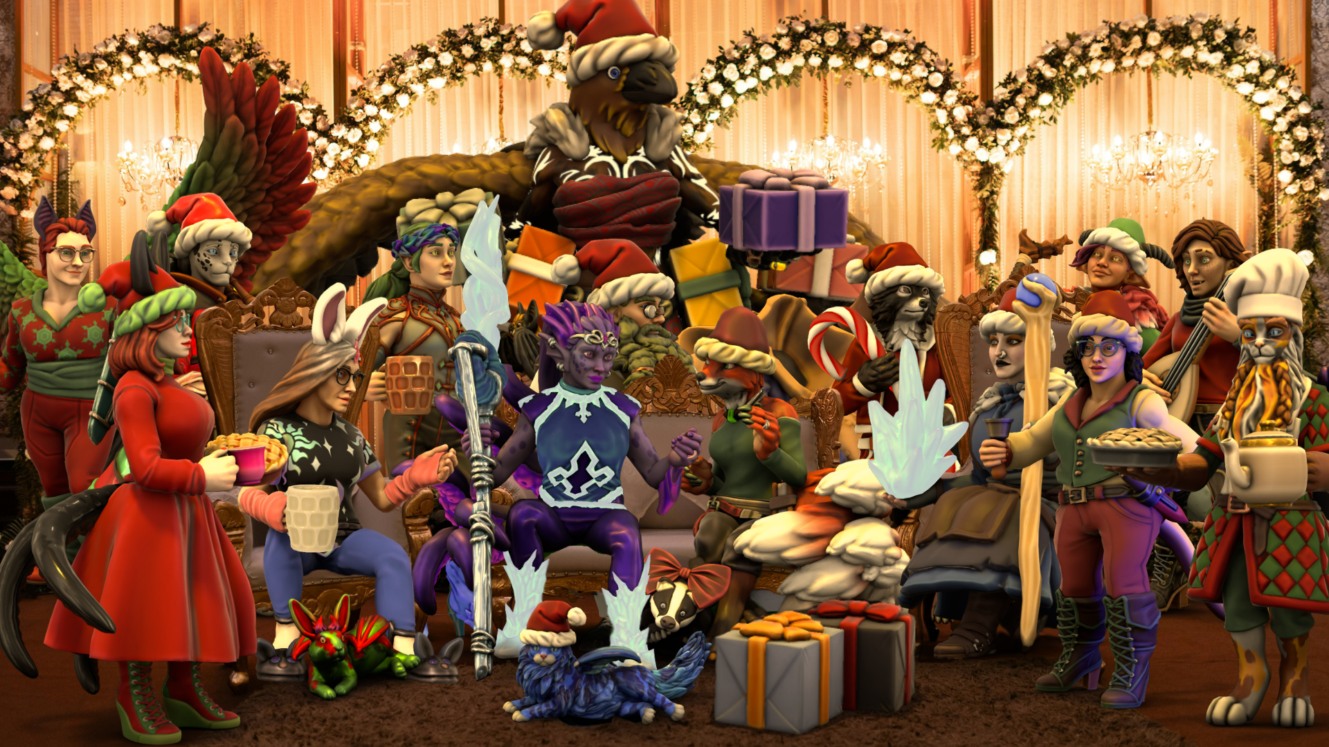 Several people and animals, of various species, celebrating the winter holiday and gift-giving together