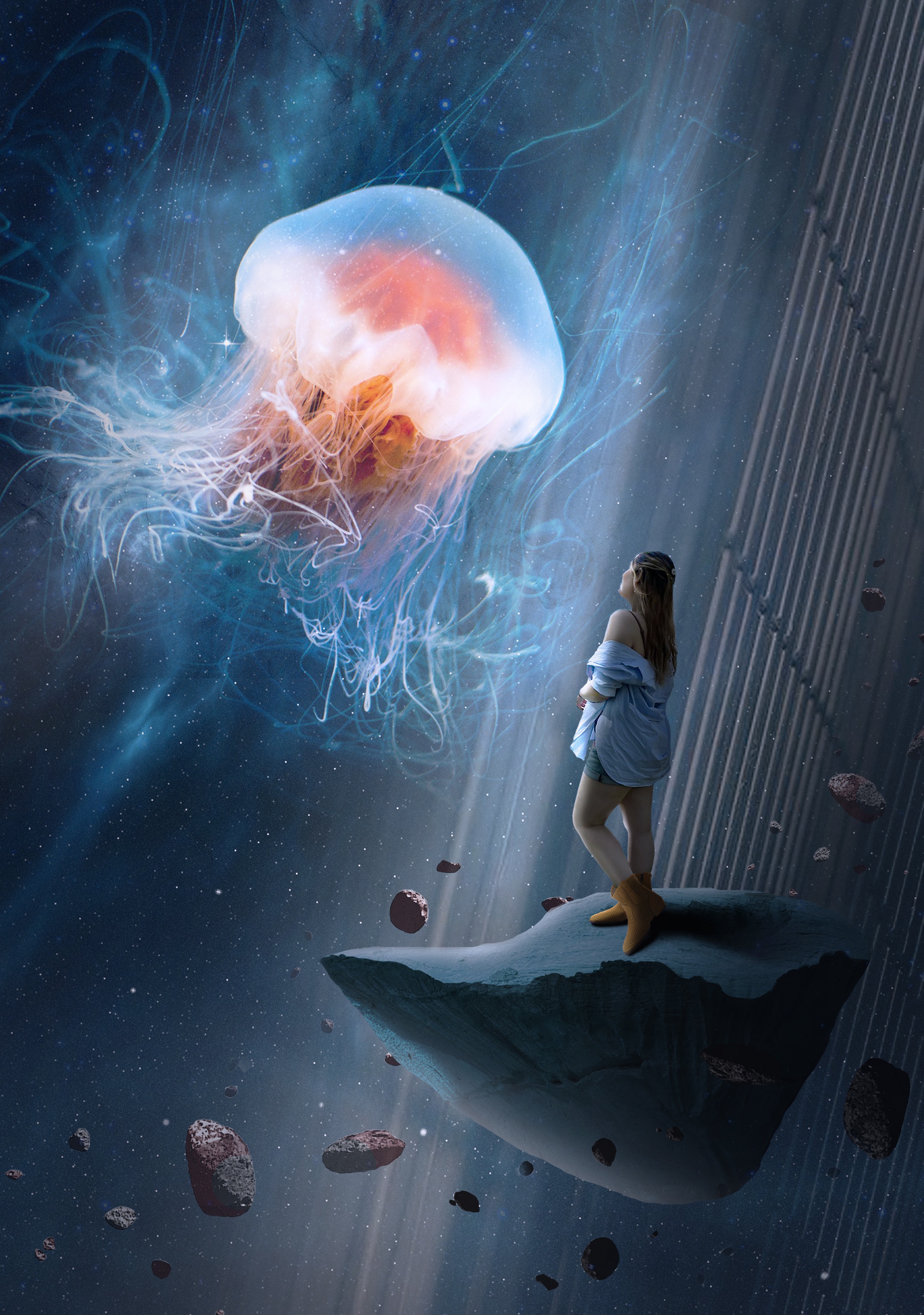 space-jellyfish-woman.jpg A woman standing on an asteroid, looking up at a glowing jellyfish-like creature in space
