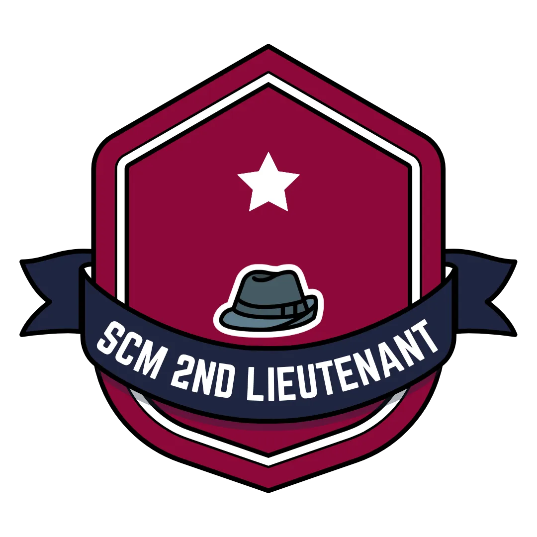 Red badge with fedora, gold star, small white star, and blue ribbon that says SCM 2nd Lieutanant. 