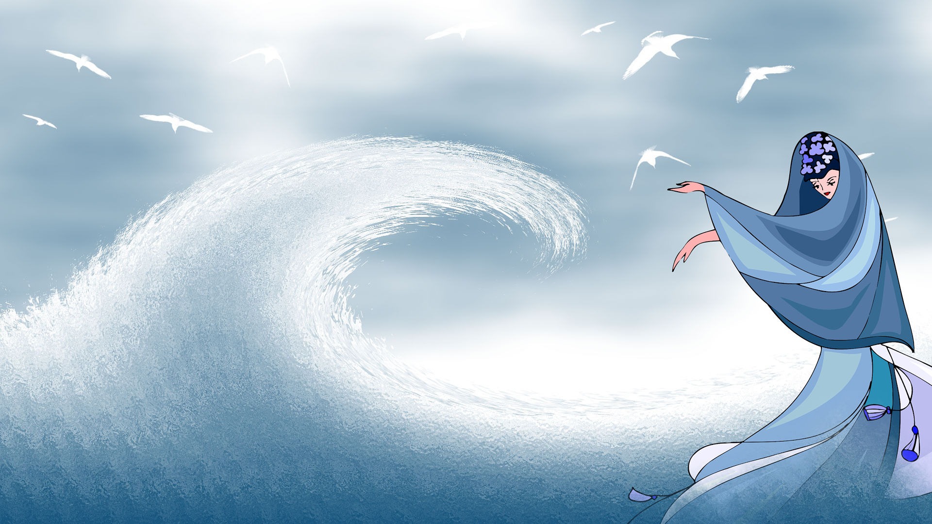 A drawing in an implied Asian style of a woman in a cowl calling forth and shaping a wave, with a flock of birds in the air. Her hair is full of purple flowers.