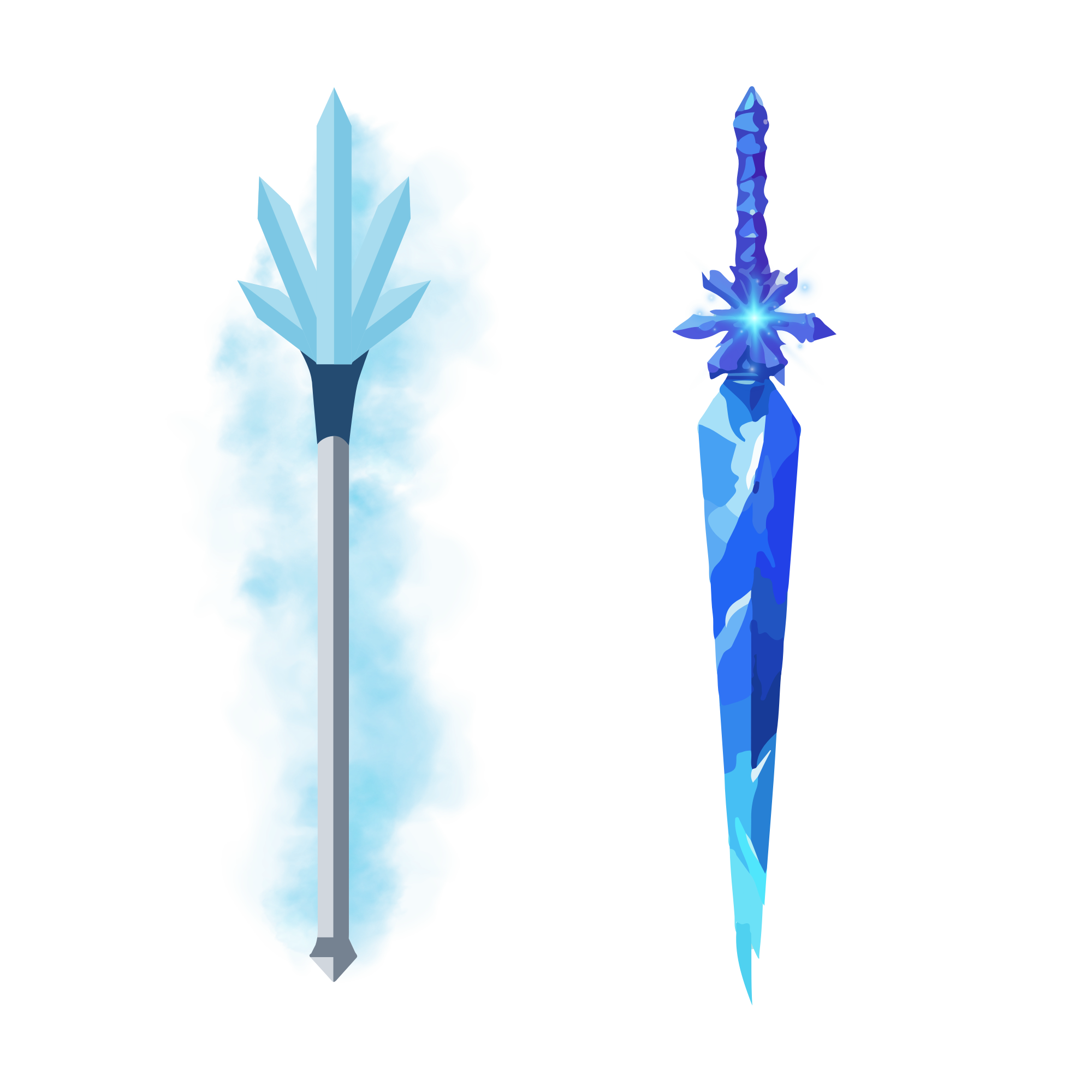 Drawings of a multi-pronged spear and a sword, both made of ice