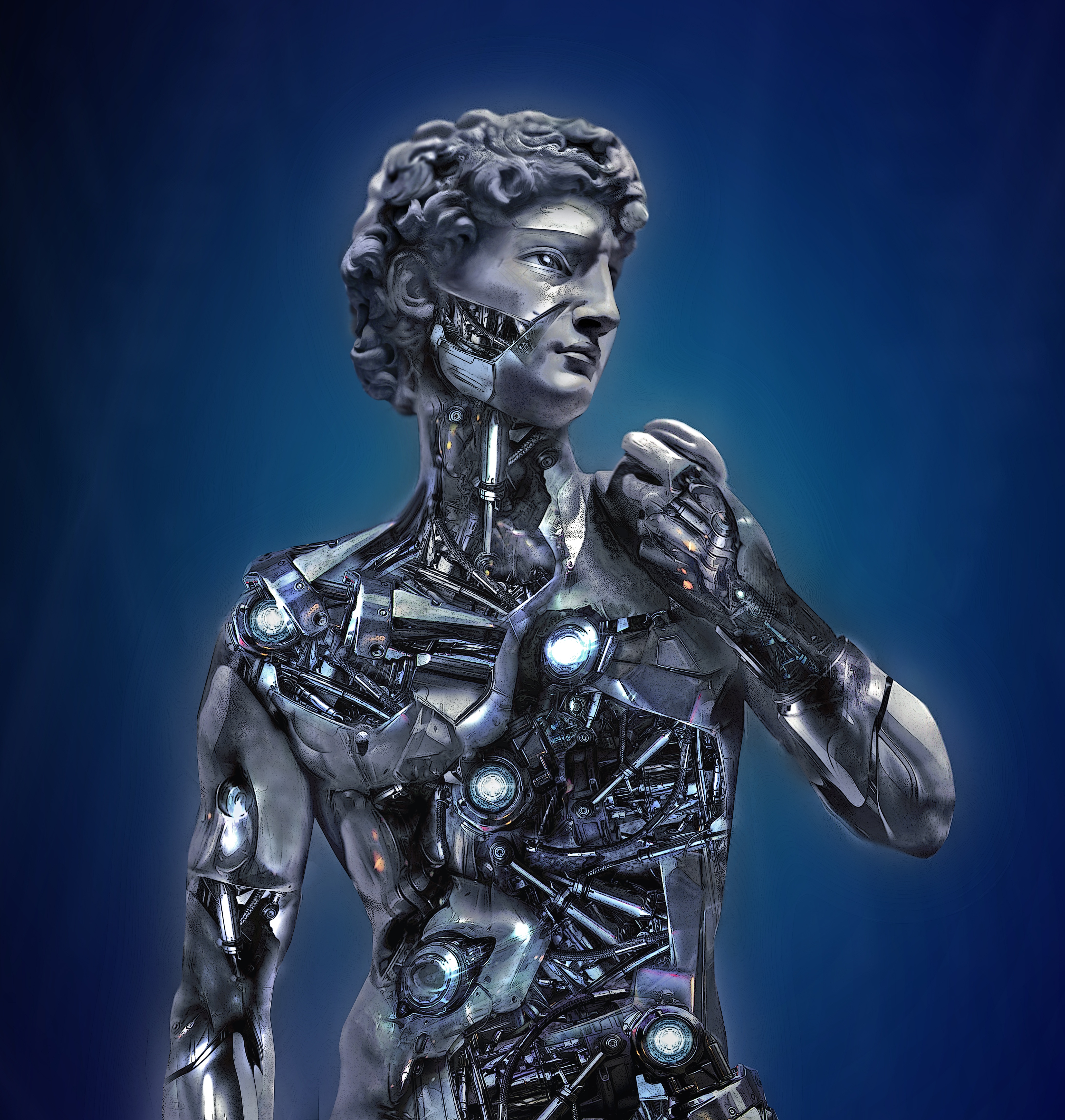 A statue of David with robotic components