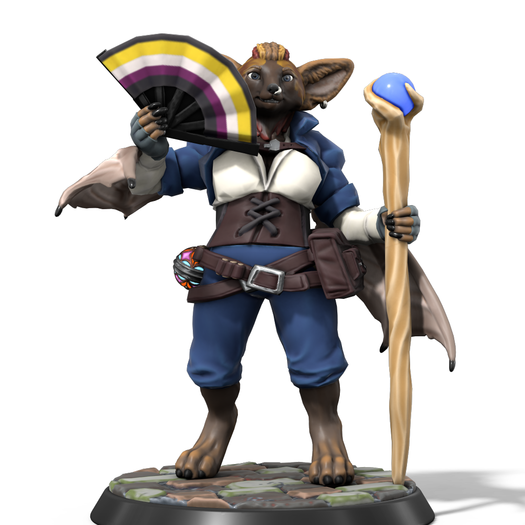 Denver Flying Fox Form Humaniod Hybid Werebbat with a staff and a fan with black yellow white and purple stripes.