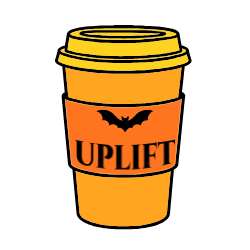 Coffee Cup in shades of yellow with a black bat and writing saying 