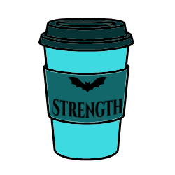 Coffee cup in shades of teal with black bat and writing saying 