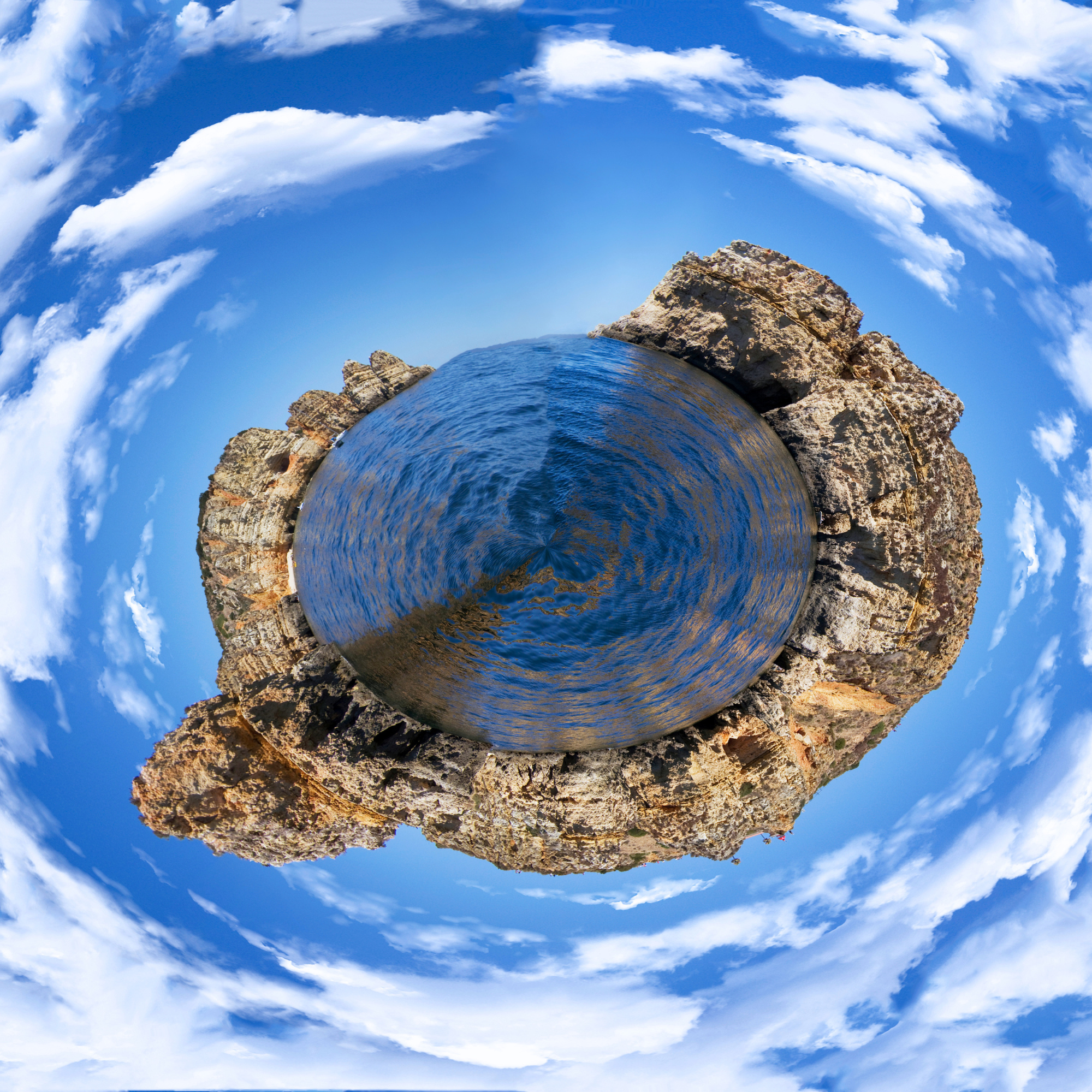 A watery portal in a semi-circle of stone, surrounded by circular clouds