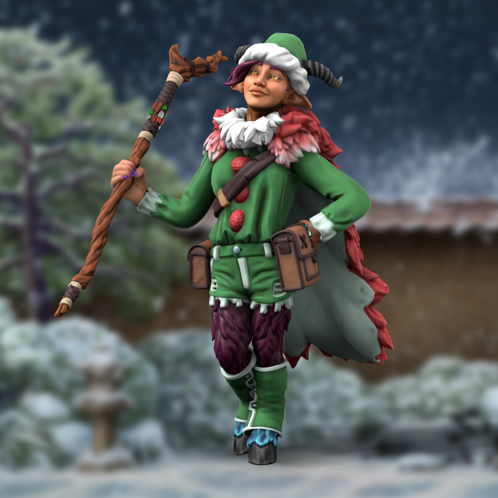 A person with goat horns and hooves, and yellow eyes, dressed like a Christmas elf, with wooden staff in hand, against a snowy woodsy background at night