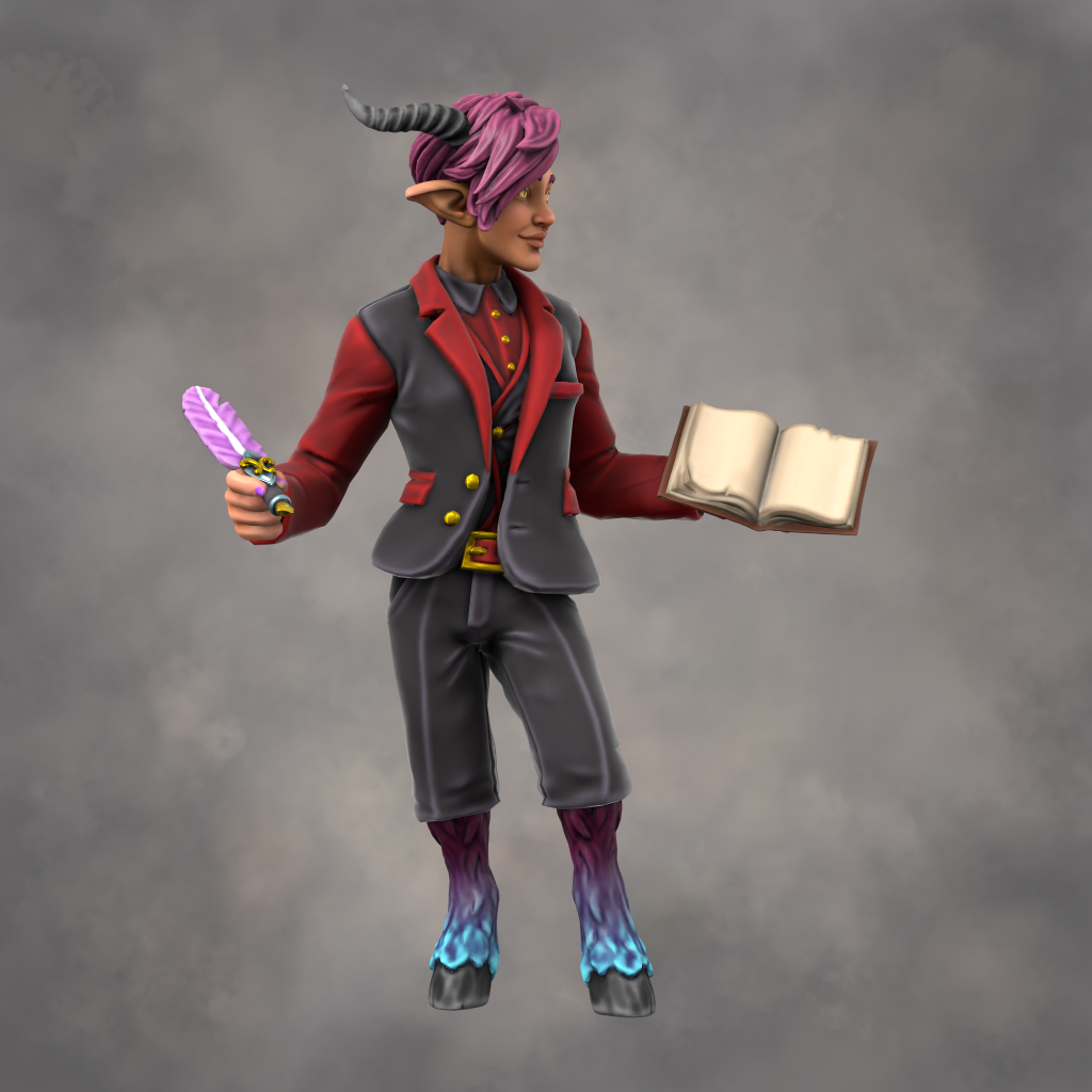 A person with short violet hair and goat horns and hooves, in a red and black suit, with quill and book in hand, against a misty background